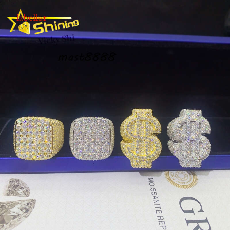 Rapper Hip Hop Jewelry S Sier Gold Plated Iced Out VVS Full Moissanite Ring Pass Dia Tester