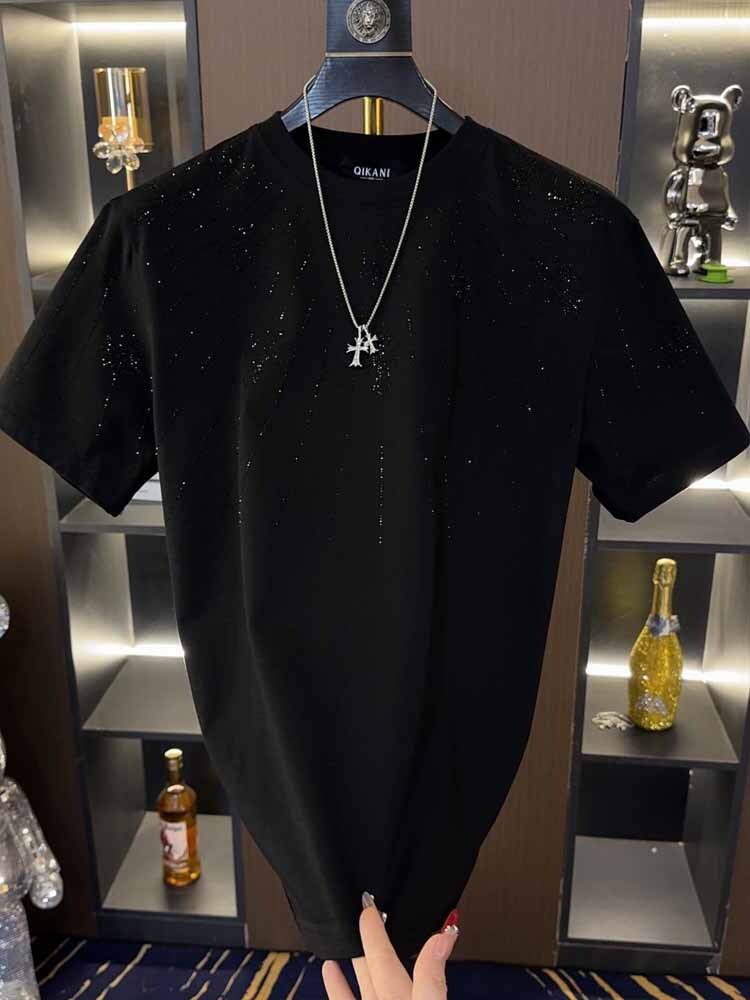 Designer 2025 New Men's Trendy Loose Short Sleeve T-Shirt Light Luxury Fashion Rhinestone Half Sleeve Loose Round Neck Short Sleeve Men's T-
