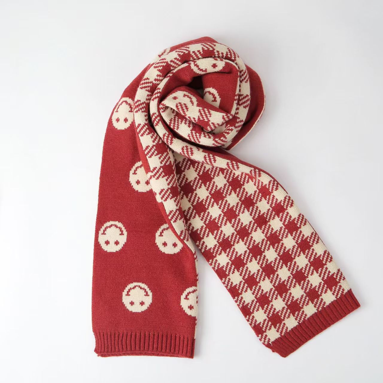 T1098 new smiley checkerboard knitted scarf Korean version of the warm plaid scarf for women in autumn and winter