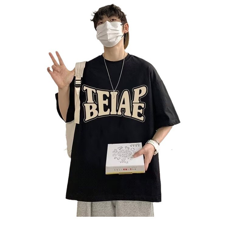 Heavyweight Hong Kong Style Short Sleeve T-shirt For Men 2025 Designer T-shirt Summer Trendy Loose Fit Oversized Letter Print Five-point Tee Top For M