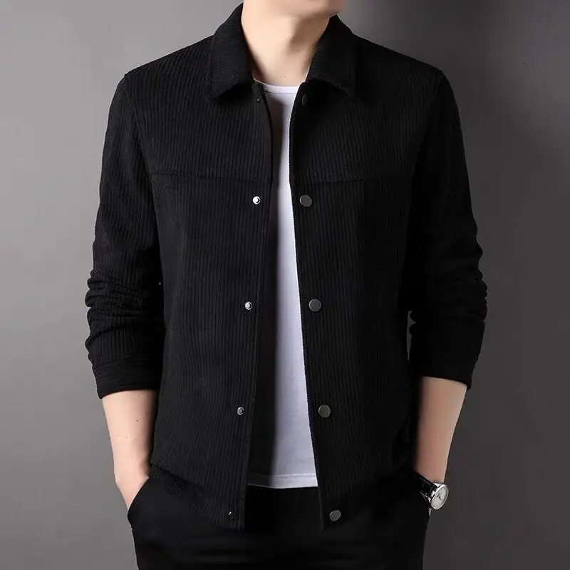 Autumn Polo Neck Corduroy Jacket Mens Solid Button Pocket Korean Youth Fashion Business Casual Work Coat Long Sleeved Top 250628