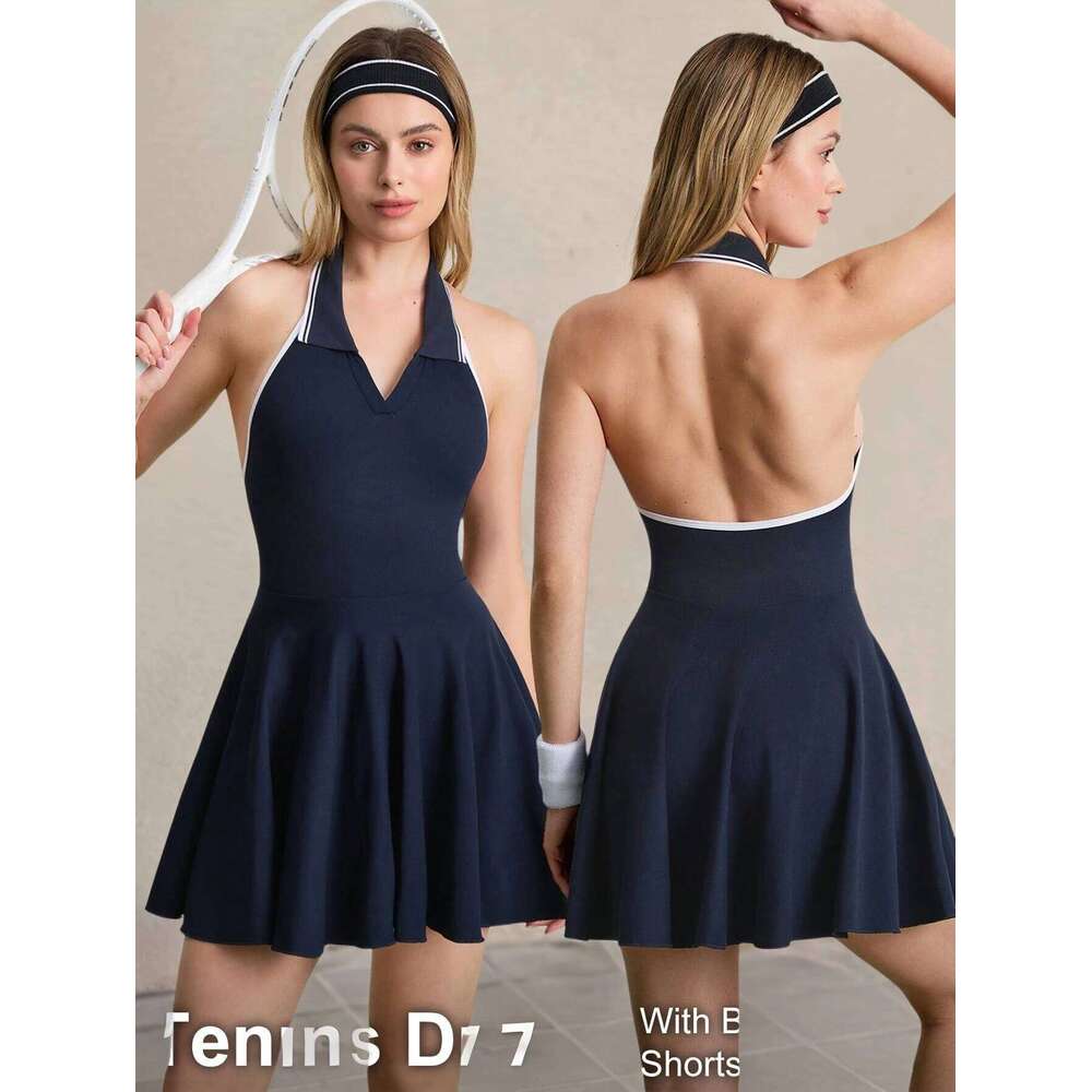 Hanging Neck Contrast Lapel One Piece Dress Yoga Tank Top t Pad Polo Collar Tennis skirts Sports Gym Suit