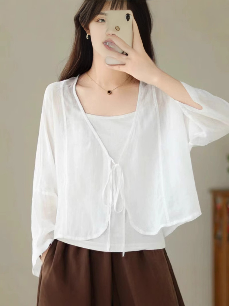 K1222 2024 summer new style literary retro casual thin sun protection top loose V-neck lace cardigan short jacket trend