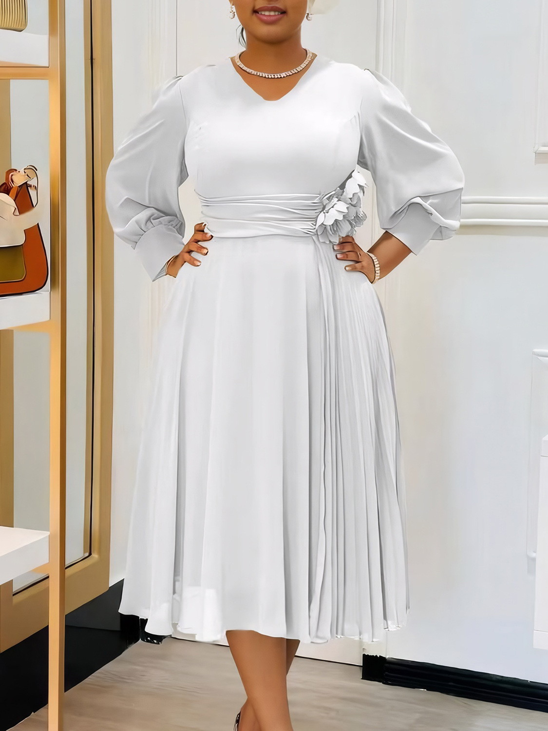 M6291European and American spring foreign trade fashion temperament elegant solid color A-line skirt large size cross-border dress