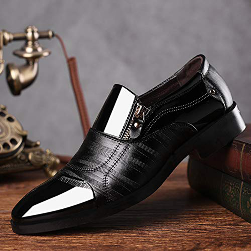 Men's Dress Shoes Oxford Shoes Zipper Formal Business Slip On Loafers Pointed Lightweight Casual Tuxedo Shoe For Men Father's Day Gift Black