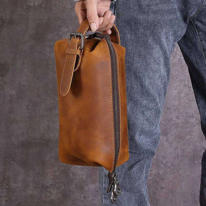 Women's Bags Designer Men's Vintage Top-Grain Leather Clutch Bag - Spacious Travel Toiletry Organizer, Genuine Crazy Horse Crossbody Pouch F