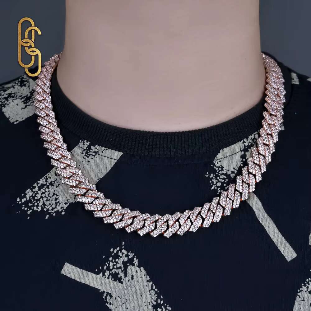 14mm Iced Out VVS Moissanite CZ Cuban Necklace Stock Bling 925 Silver Plated Moissanite CZ Hip Hop Men Jewelry Chain