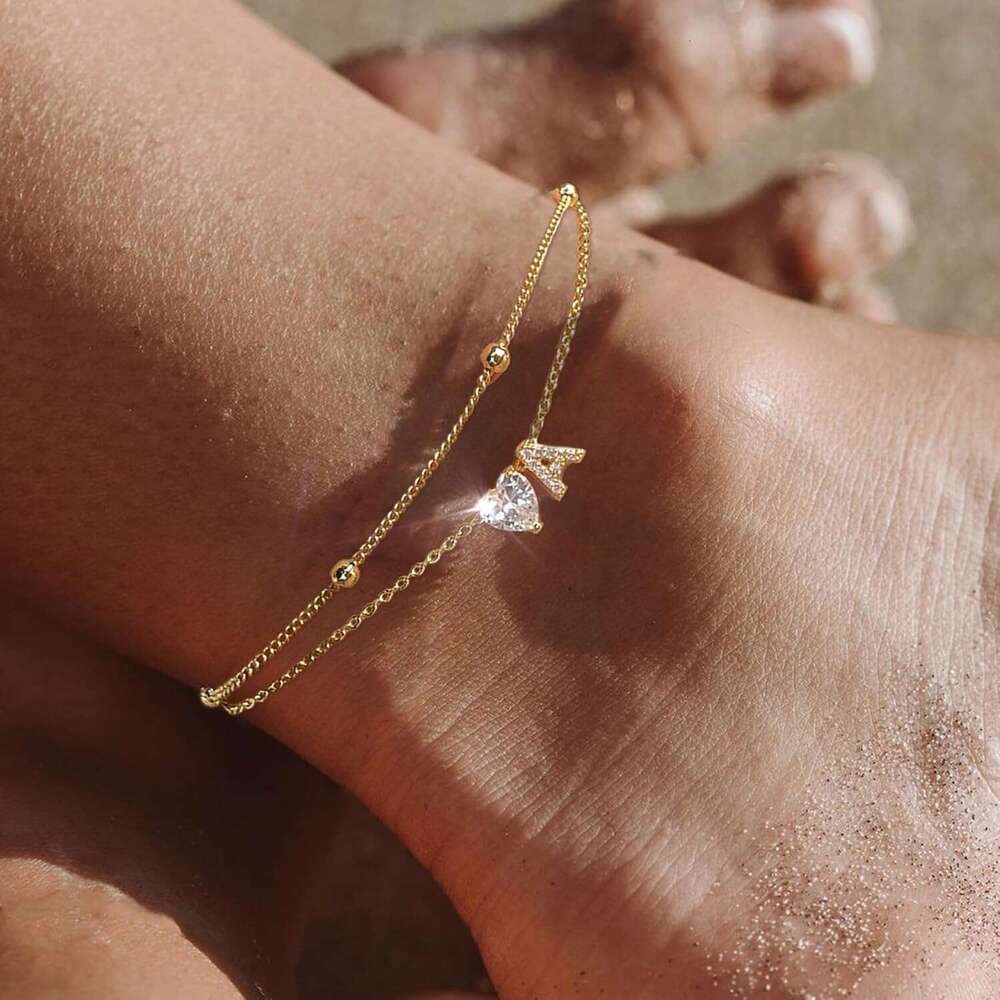Gold 14K 3 Waterproof Plated CZ Initial for Women Dainty Layered Letter Heart Ankle Bracelets Handmade Adjustable Foot Chain Anklet Summer Beach Jewel