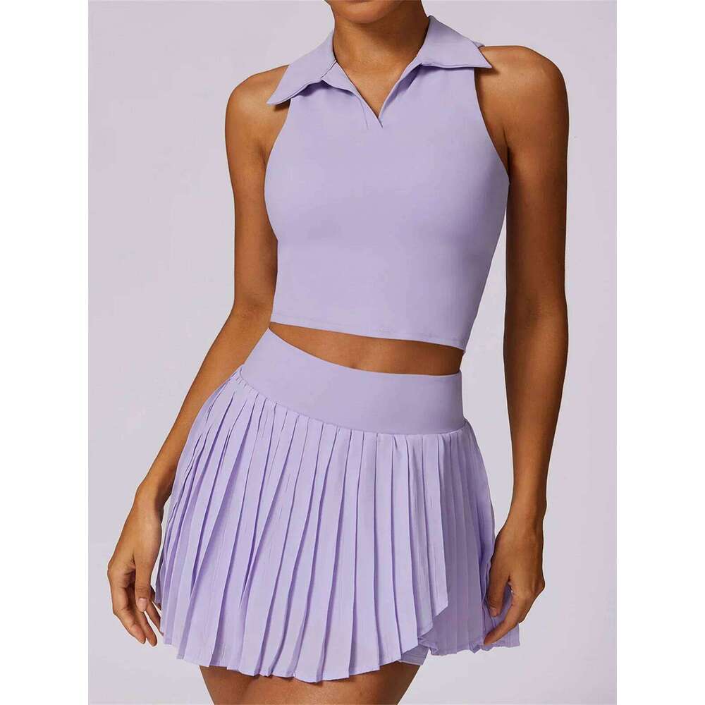 Outdoor Breathable Golf Wear Tennis Sport Sets Women Turn Down Collar Sleeveless Top Short 2 in 1 Skirt Running Fiess Set