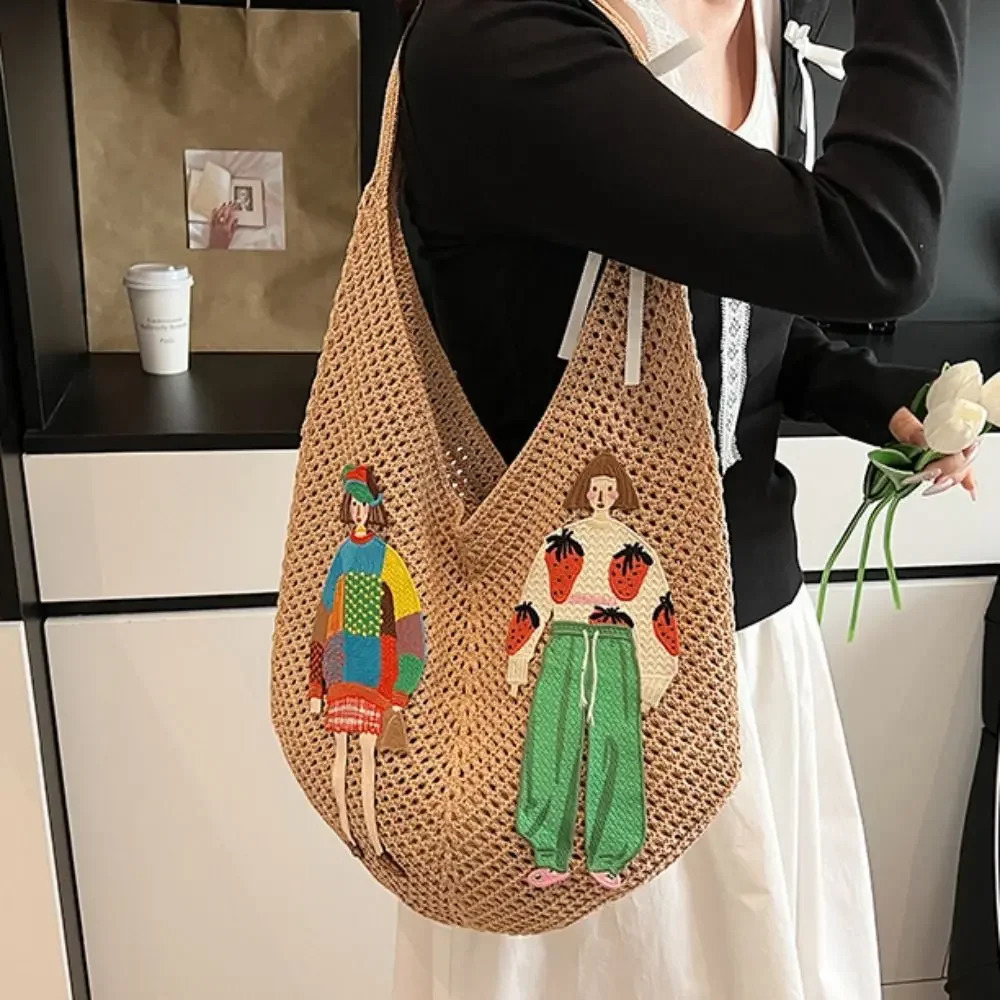 Simple Sweet Knitted Tote Bag Bohemian Style Embroidery Weave Shoulder Cartoon Hollow Out Crochet Beach Travel 250627