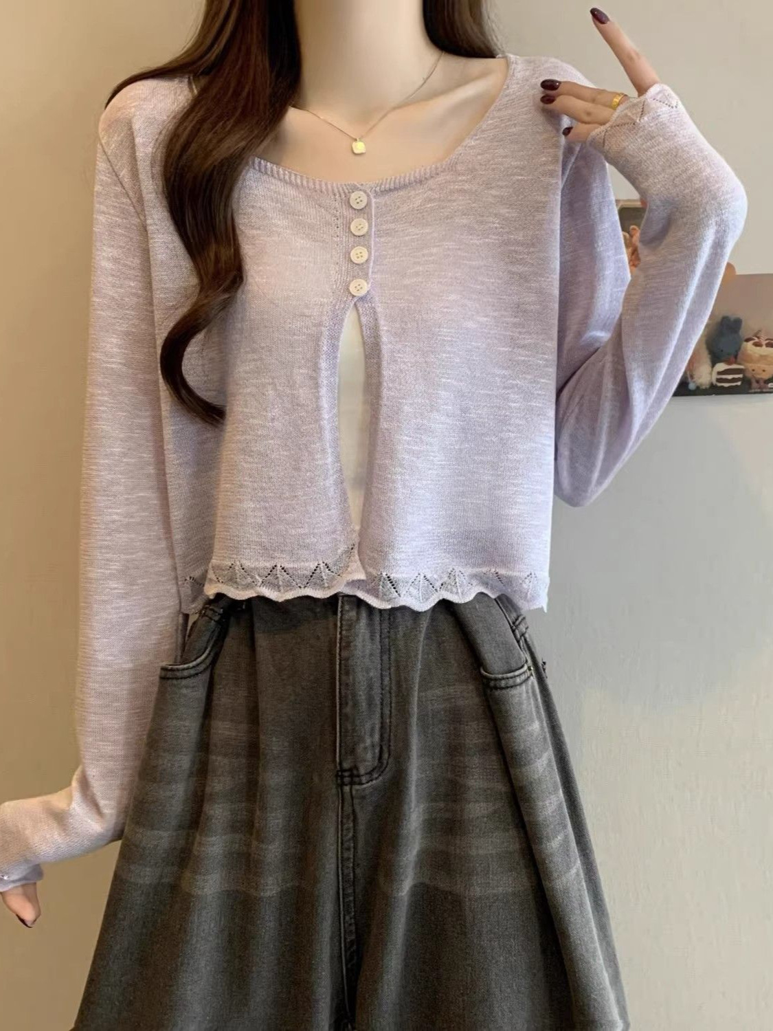 K1168 Black ice silk sunscreen cardigan women's summer thin suspender skirt with shawl cardigan knitted top