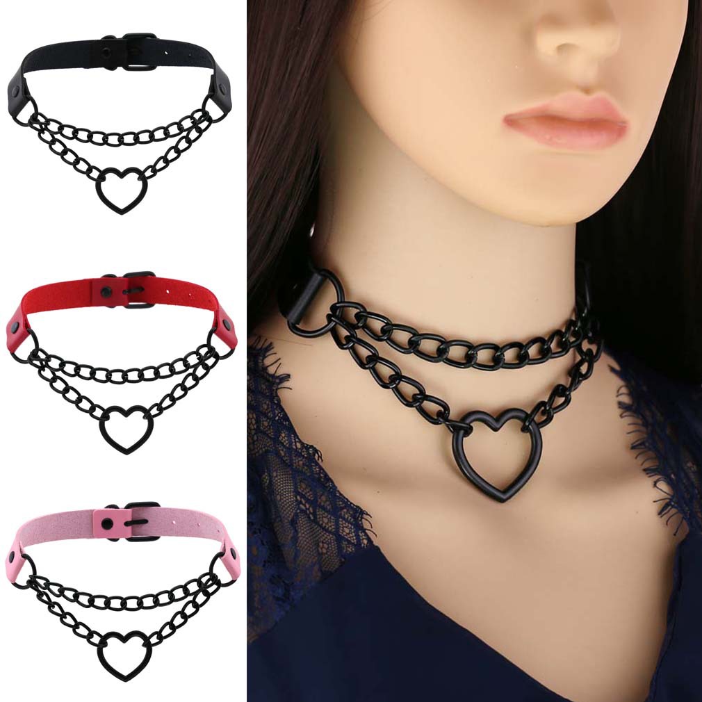 Stage Wear Harajuku PU Leather Heart Choker Black Chain Fashion Collarbone Necklace