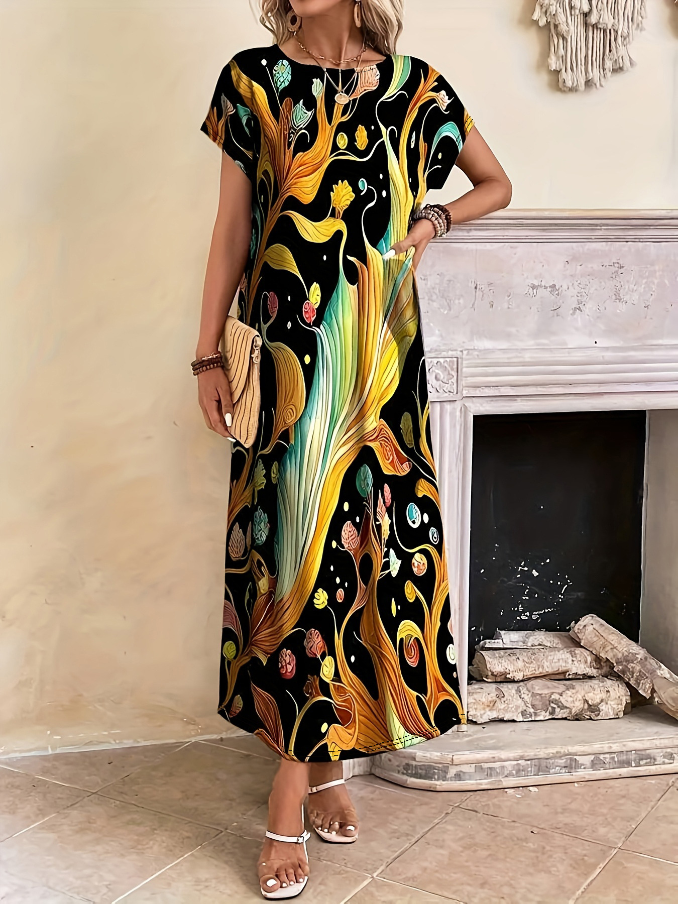 P629European and American women's short-sleeved printed elegant and fashionable dress