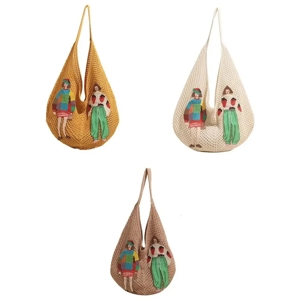 Simple Sweet Knitted Tote Bag Bohemian Style Embroidery Weave Shoulder Cartoon Hollow Out Crochet Beach Travel 250627