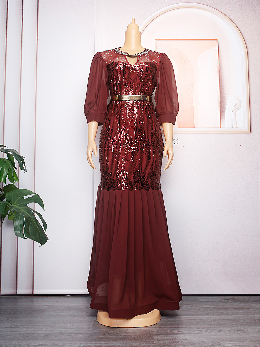 New womens plus size round neck rhinestone sequin banquet evening dress240921 ww