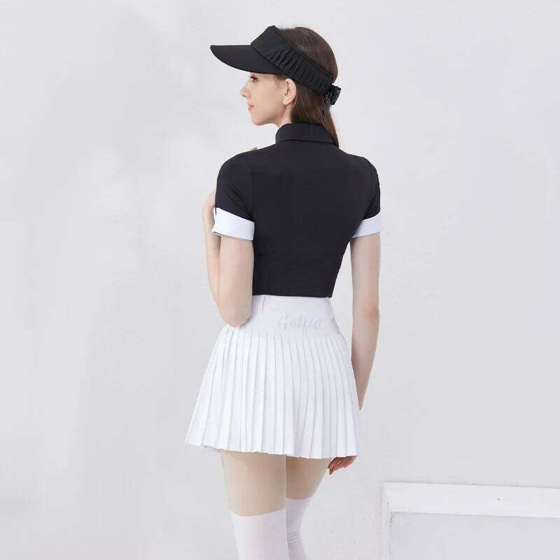 Women's Summer Polo Shirt Button Quick Dry Sports Tennis T-shirt Pleated Golf Skirt with Shorts Sportswear