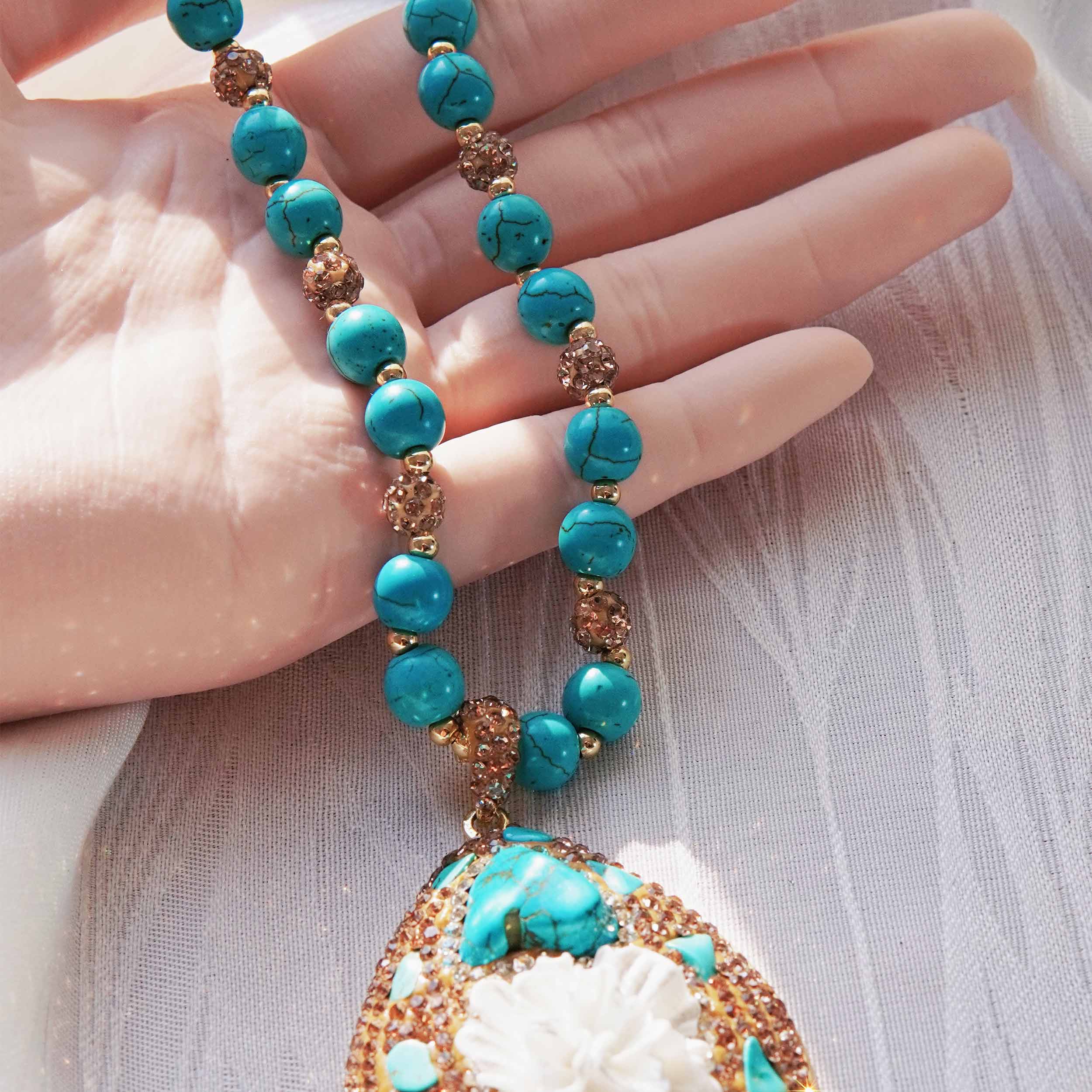 Lingyun Department Peony Turquoise Energy Jewelry Set Lightweight and Luxury Shell Powder Pressing Design Turquoise Ring Earrings Necklace Earrings Ne