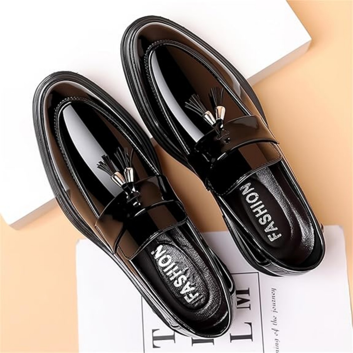 Men's Tassels High Gloss Patent Penny Slip On Loafers Fashion Formal Business Casual Oxford Dress Shoes For Men Father's Day Gift Black