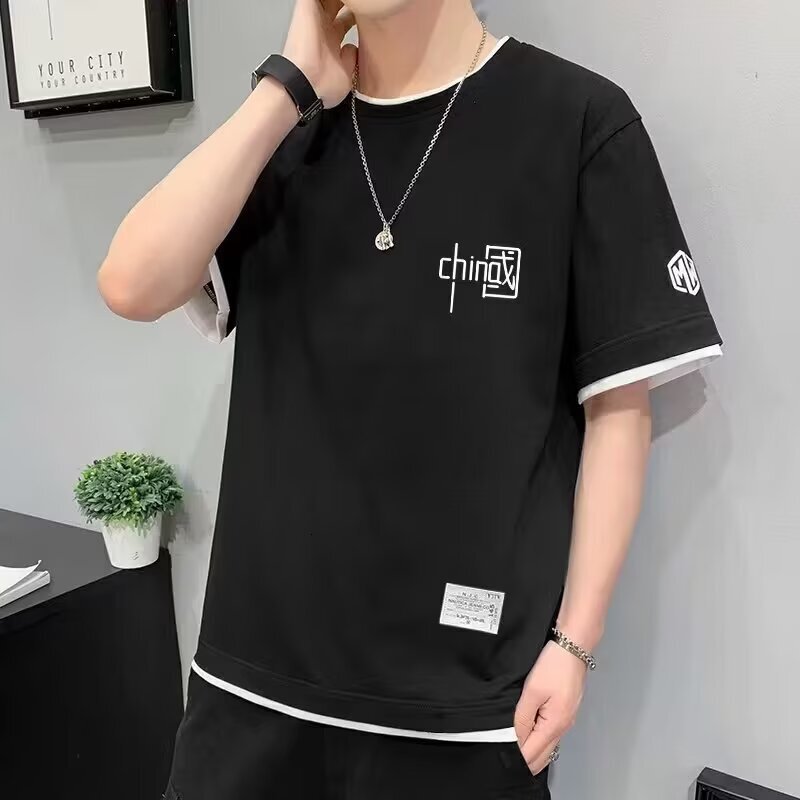 Summer Short Sleeve Men's T-shirt 2025 New Trendy Designer T-shirt Brand Ins Loose Fit Men's Fake Two-piece Casual Half Sleeve T-shirt