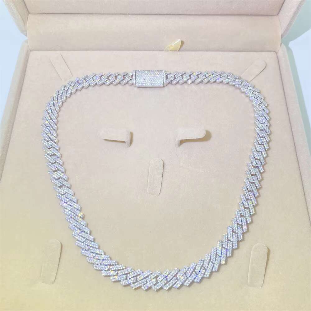 Hip Hop Trend Tested 925 Sterling Silver VVS Moissanite Cuban Chain 10mm Iced out Full Moissanite Necklace Gold Plated for Gift