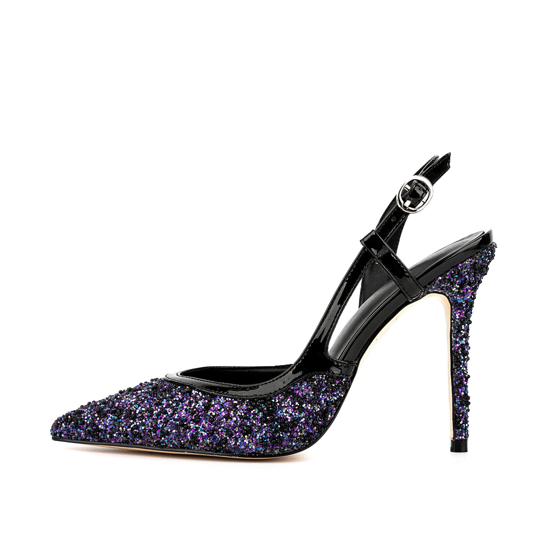 Women's Glitter Stiletto Evening Sandals - Pointed Toe Heels with Ankle Strap and Sequin Detail C260204