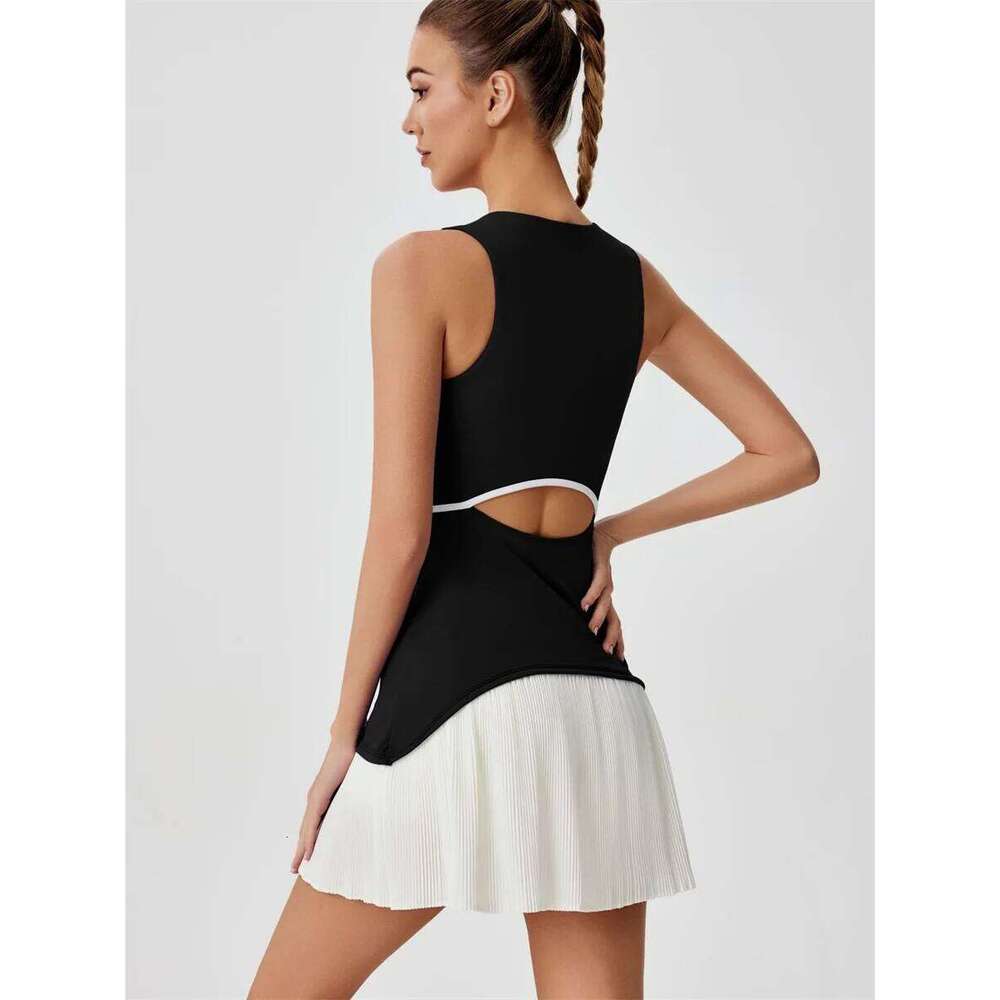 Women One-piece Tennis Dress Summer Black Contrast Pleated Anti Light Speed Dry Sports Dresses Hollowed Out Back Yoga Clothes