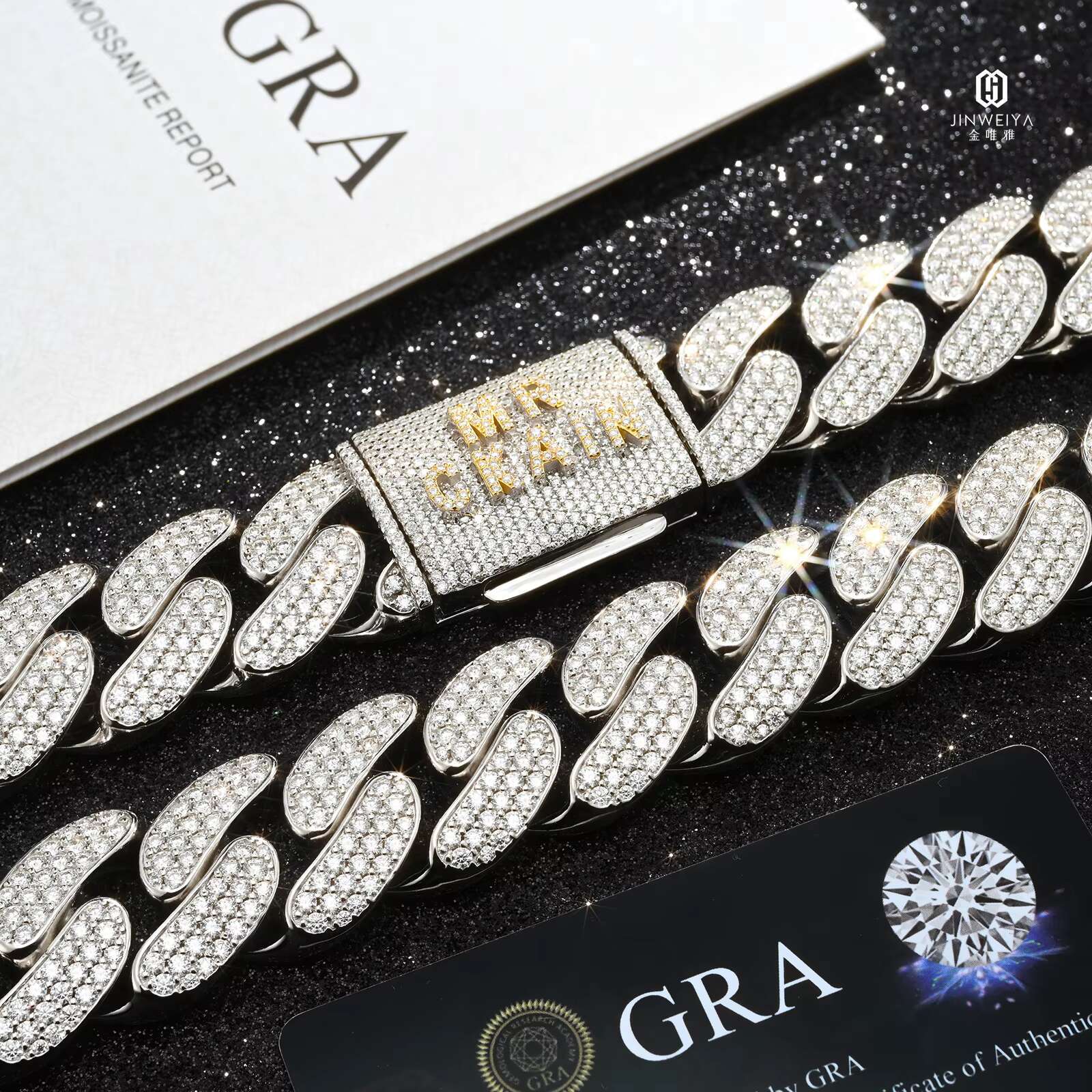 Hip Hop Cuban Chain 24mm 3rows VVS Moissanite Diamond Rose Gold White Gold Plated Necklace Cuban Mens Chain