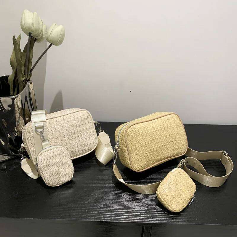 Solid Color Simplicity Women's Crossbody Bag - Woven Straw with Detachable Wide Strap & Zipper,Perfect for Vacation/Daily Use