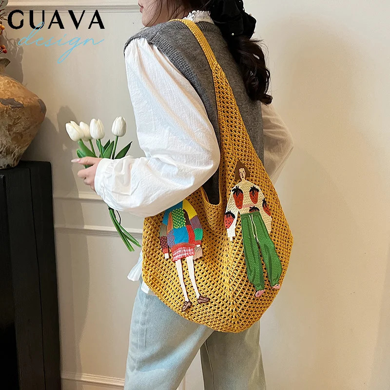 Simple Sweet Knitted Tote Bag Bohemian Style Embroidery Weave Shoulder Cartoon Hollow Out Crochet Beach Travel 250627