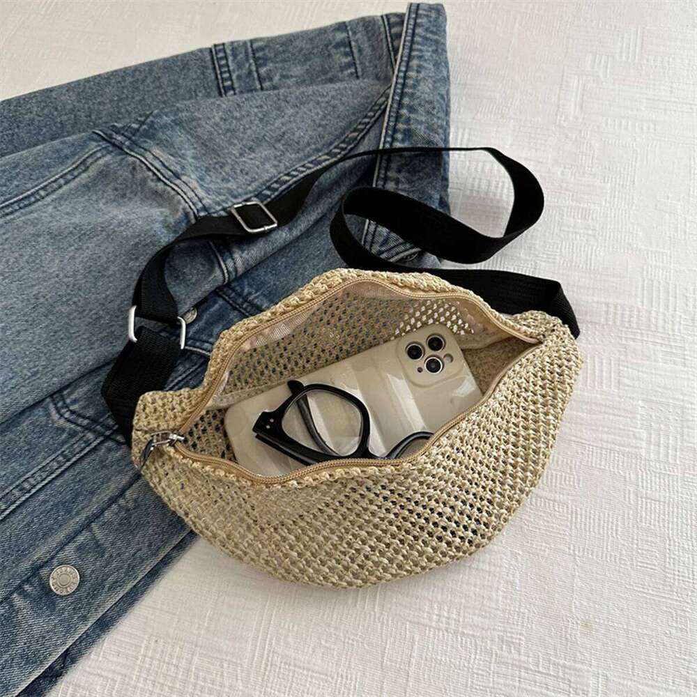 Beach Vacation Lightweight Crossbody Women's Hollow-Out Woven Chest Adjustable Strap for Resort Daily Straw Bag