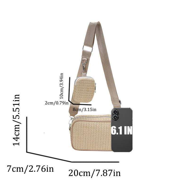 Solid Color Simplicity Women's Crossbody Bag - Woven Straw with Detachable Wide Strap & Zipper,Perfect for Vacation/Daily Use