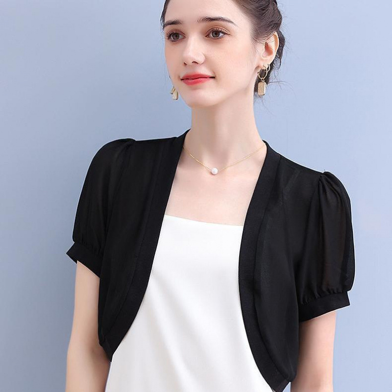 K1176 Chiffon thin women's summer shawl high waist short style small waistcoat short sleeve outer wear with skirt small jacket top