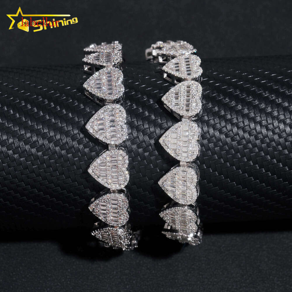 Fashion Design baguette 13mm Heart Bracelet Moissanite Dia Cuban Link Bracelets