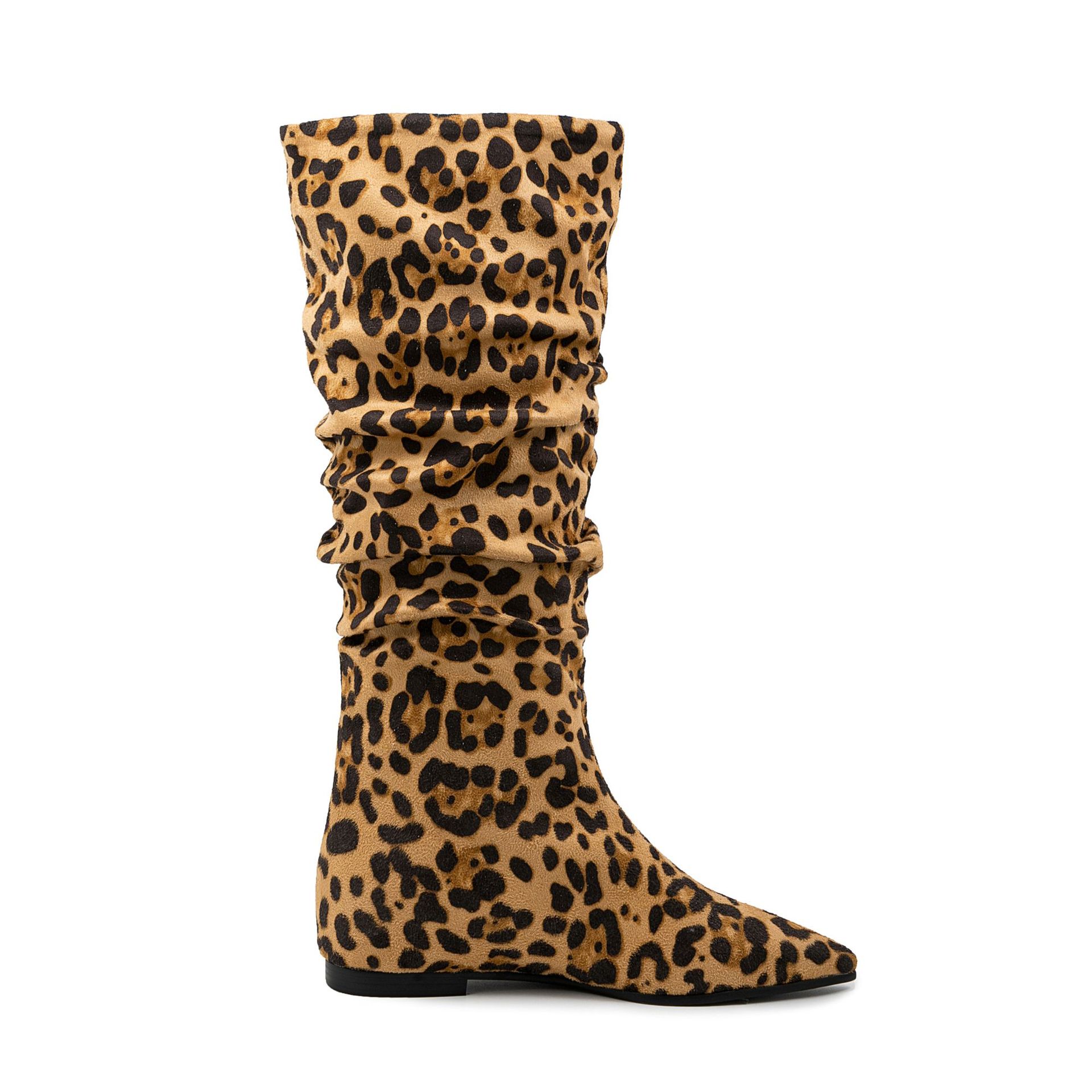 Women's Genuine Suede Leopard Print Crinkle Fold Boots - Pointed Toe Flat Mid-Calf Stacked Boots