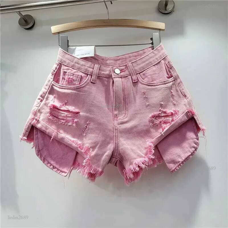 2024 Summer New Womens Pink Hole Denim Shorts High Waist Slimming Spicy Girl A-line Ragged Edge ShortsX240918