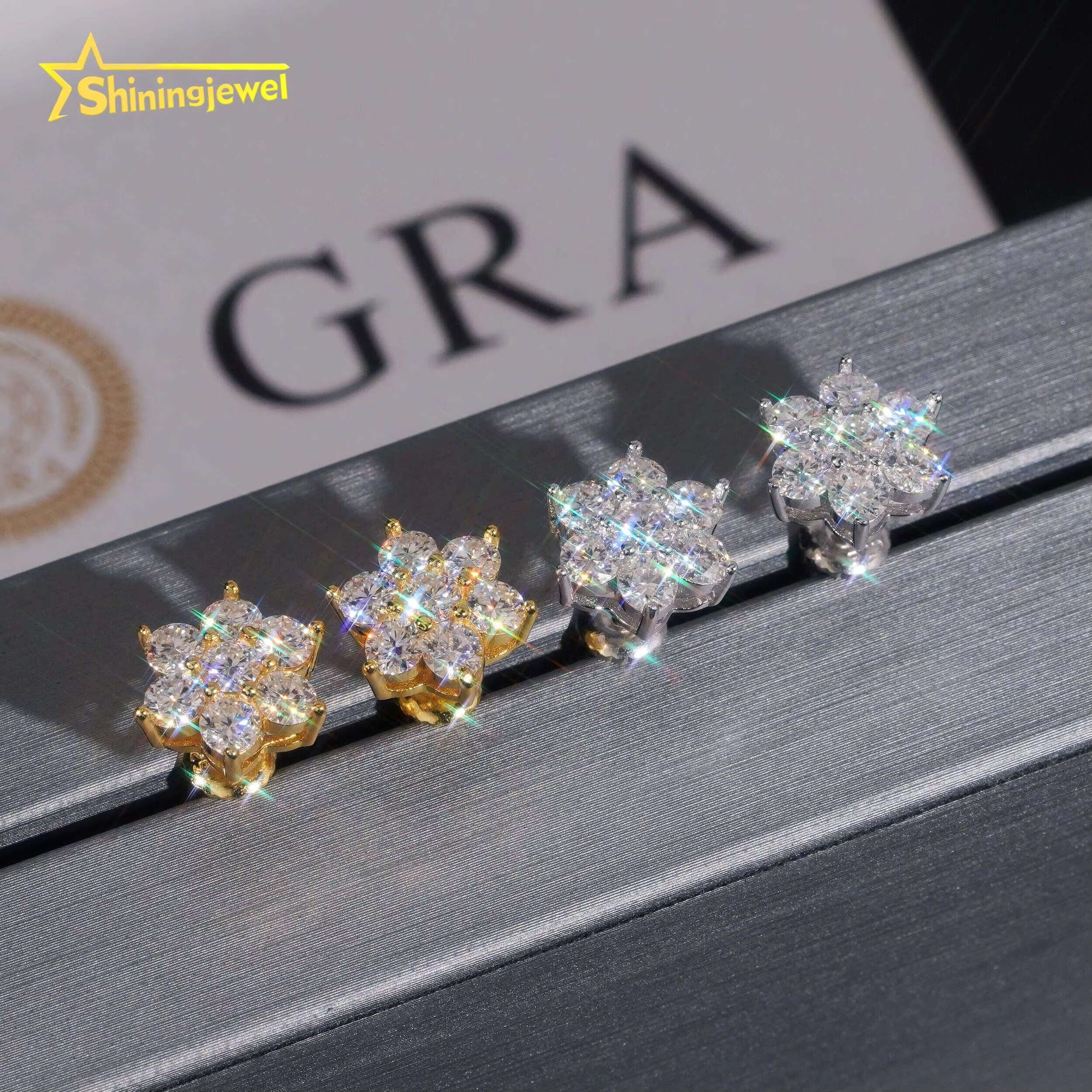 Hip Hop Mens Screw Back Cluster Snowflake 925 Sterling Silver Gold Plated Moissainte Stud Earrings