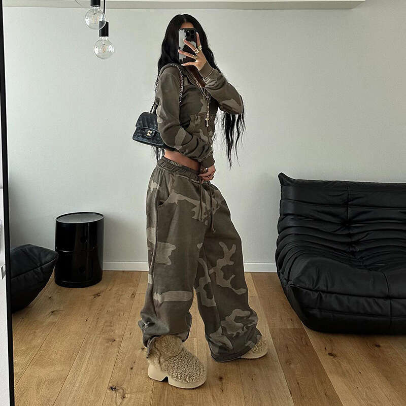 Women's Camouflage Color-Block Hooded Zip-Up Sweatshirt + Loose Oversized Sweatpants Casual Two-Piece Set B5