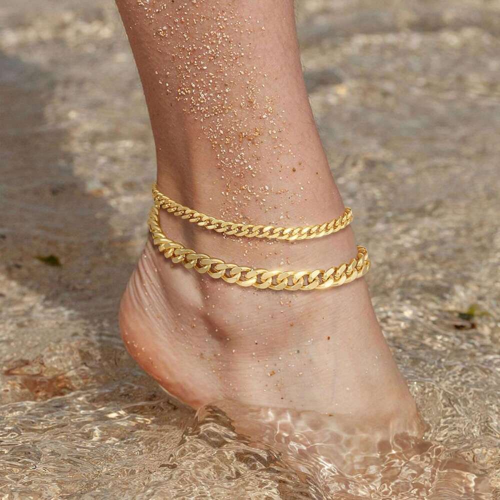 Waterproof 3 Ankle Bracelets Dainty Gold Anklets Trendy Layered 14K Gold/Sier Plated Stackable Chunky Cuban Link Chian Anklet Bracelet Set for Women N