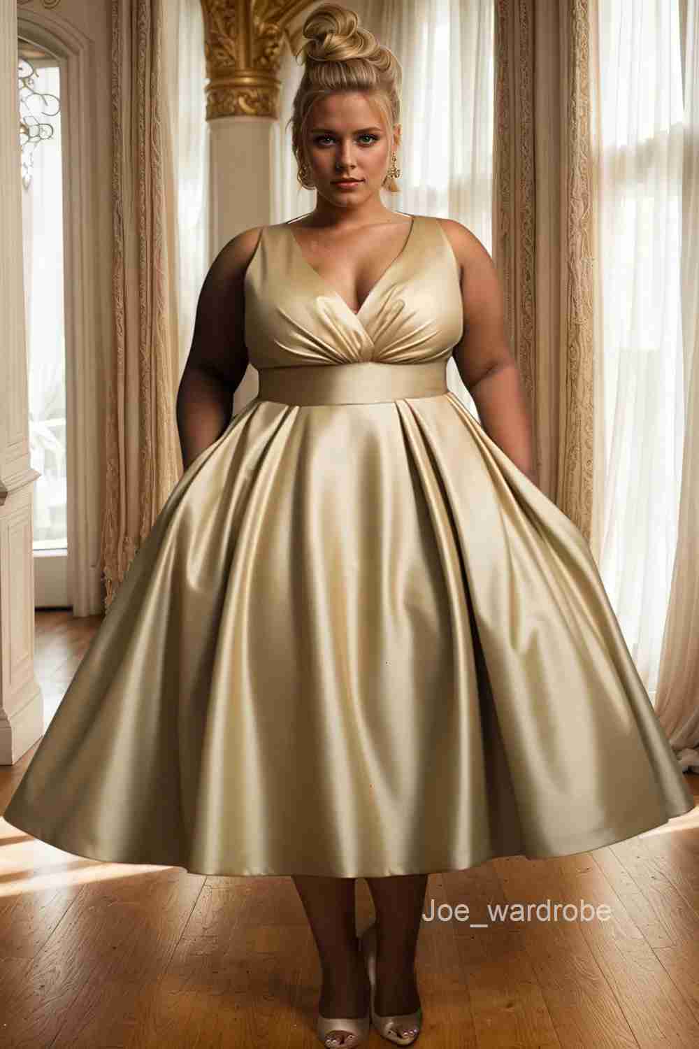 Womens Plus Size Evening Dress Sleeveless Ruched Pleated ALine Elegant Wedding Maxi VNeck Gold Satin Party Dresses