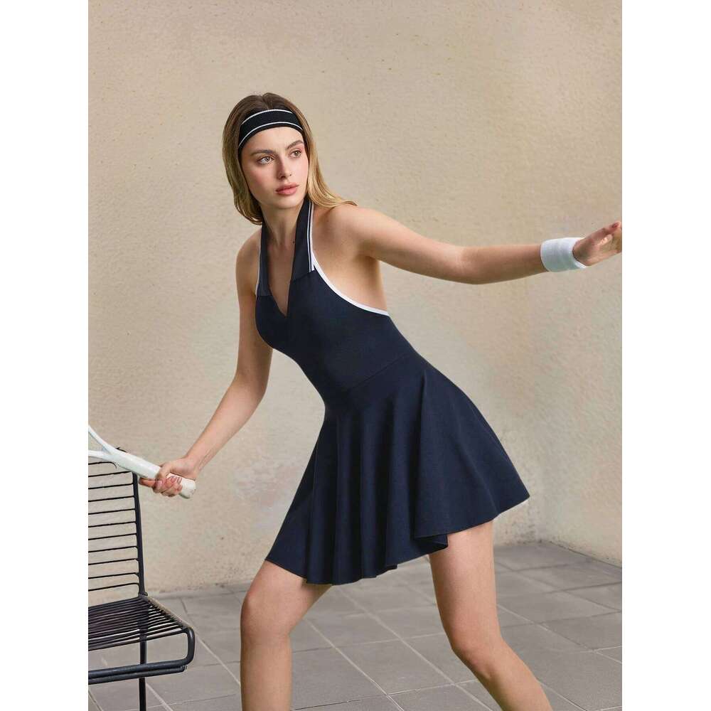 Hanging Neck Contrast Lapel One Piece Dress Yoga Tank Top t Pad Polo Collar Tennis skirts Sports Gym Suit