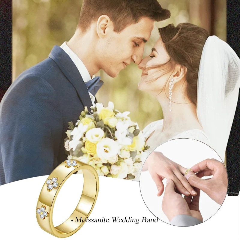 Fashion Womens love Ring Mens Designer 925 Sterling Silver Lucky Clover Moissanite Ring, Gold Plated D Color Round Cut Moissanite Wide Band Ring for W