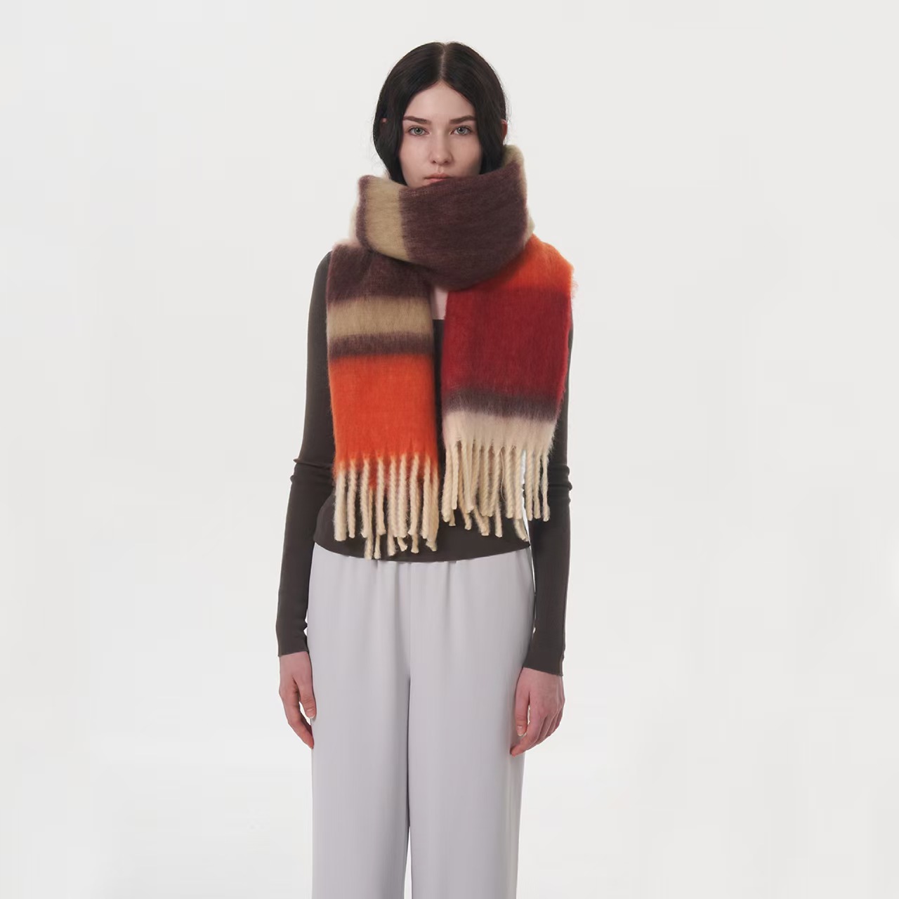 T1100 European and American Korean new fashion all-match thickened soft waxy striped splicing mohair cashmere plaid scarf for women winter