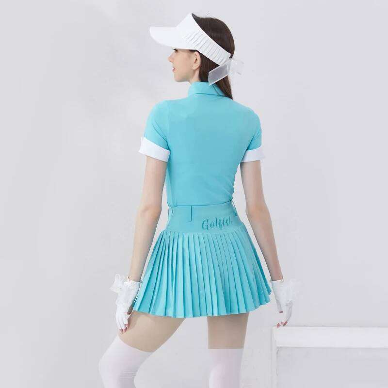 Women's Summer Polo Shirt Button Quick Dry Sports Tennis T-shirt Pleated Golf Skirt with Shorts Sportswear