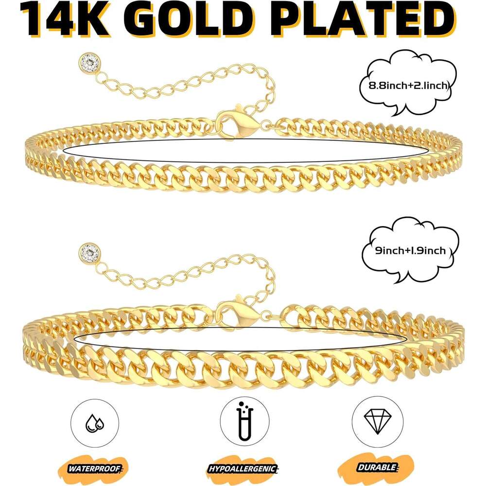 Waterproof 3 Ankle Bracelets Dainty Gold Anklets Trendy Layered 14K Gold/Sier Plated Stackable Chunky Cuban Link Chian Anklet Bracelet Set for Women N