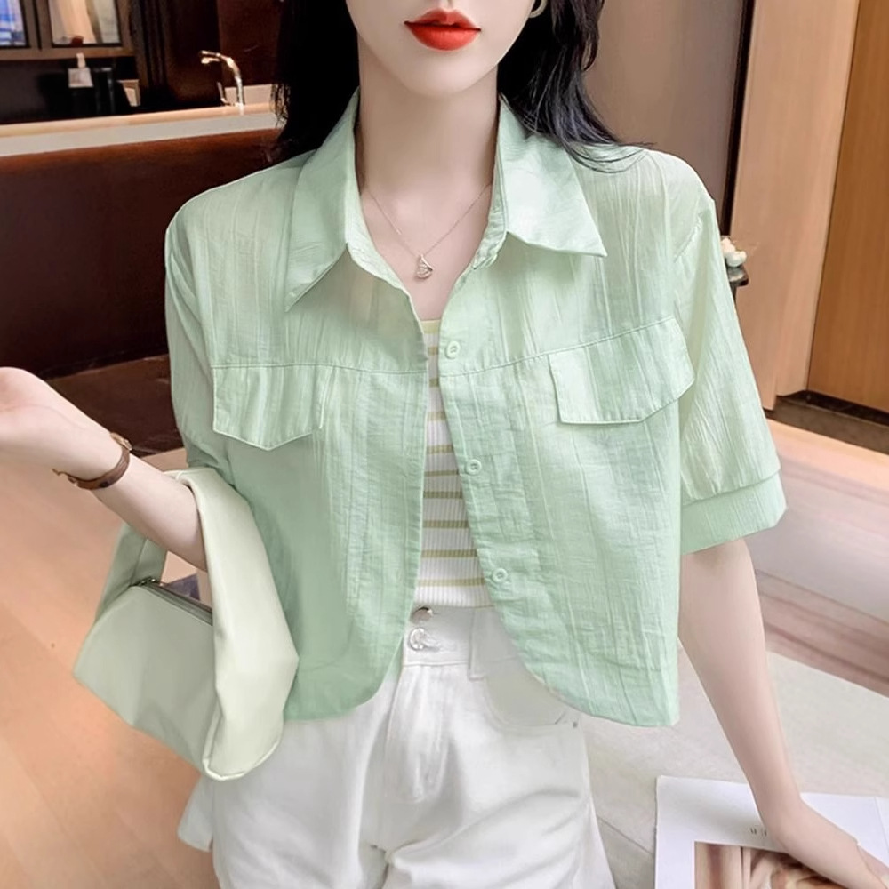 K1178 Chiffon polo collar short-sleeved short shirt sun protection clothing women's summer outerwear small shawl new cardigan top thin jacket