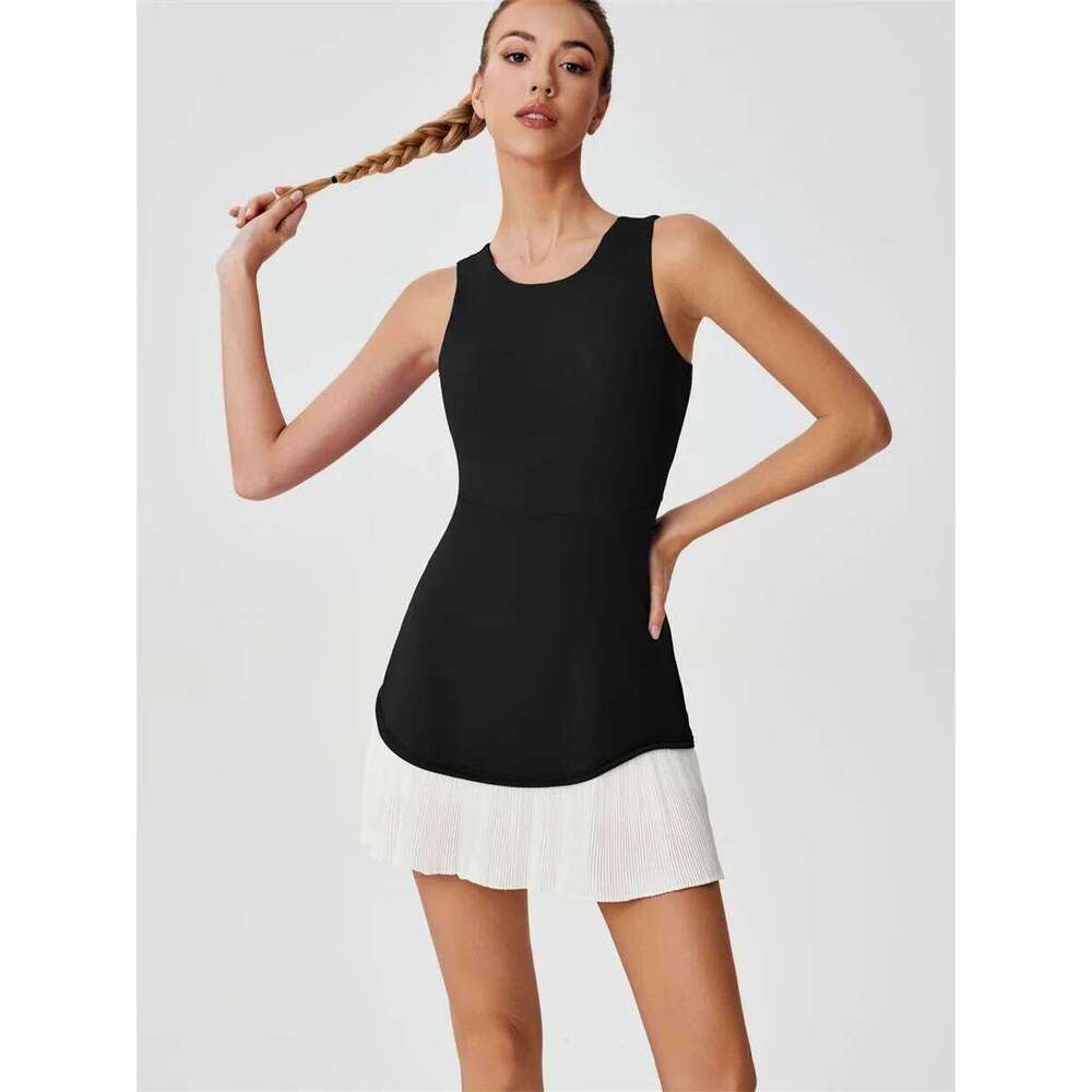 Women One-piece Tennis Dress Summer Black Contrast Pleated Anti Light Speed Dry Sports Dresses Hollowed Out Back Yoga Clothes