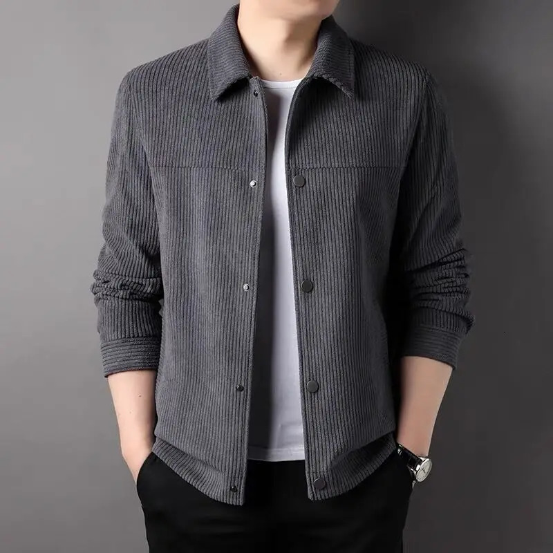 Autumn Polo Neck Corduroy Jacket Mens Solid Button Pocket Korean Youth Fashion Business Casual Work Coat Long Sleeved Top 250628