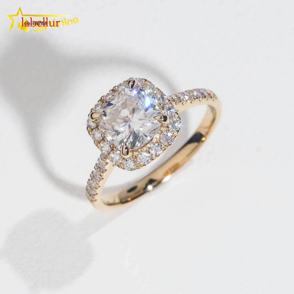 Gold Plated S 2Carat Cushion Cut VVS Halo Engagement for Women Solitaire Moissanite Dia Promise Ring
