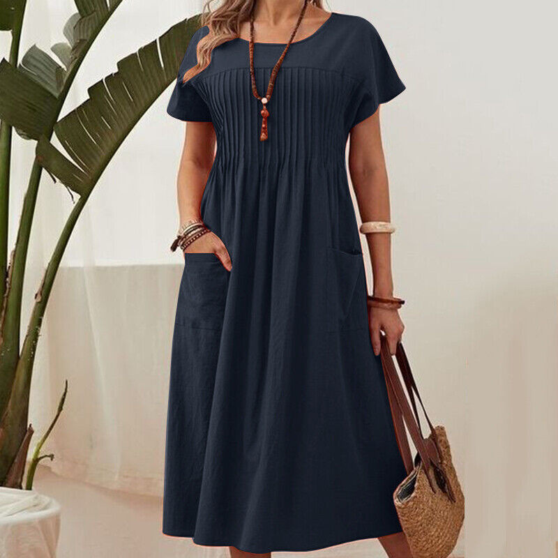 H6291New solid color round neck pocket pleated short sleeve cotton and linen dress