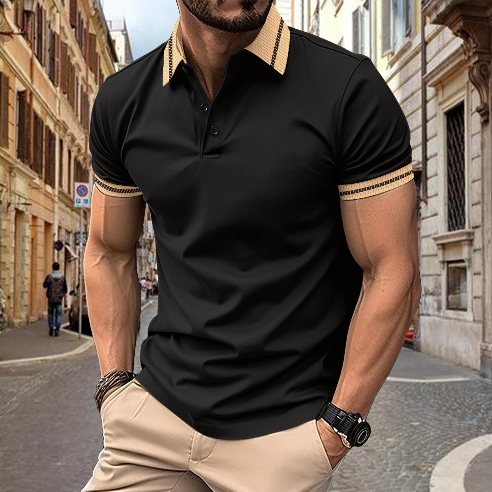 Designer men's POLO shirt fashionable T-shirt golf short-sleeved shirt color-blocked button men's sports polo shirt S-3XL